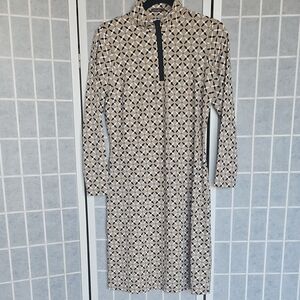 J. McLaughlin Black and Tan Geometric Long Sleeve Dress
